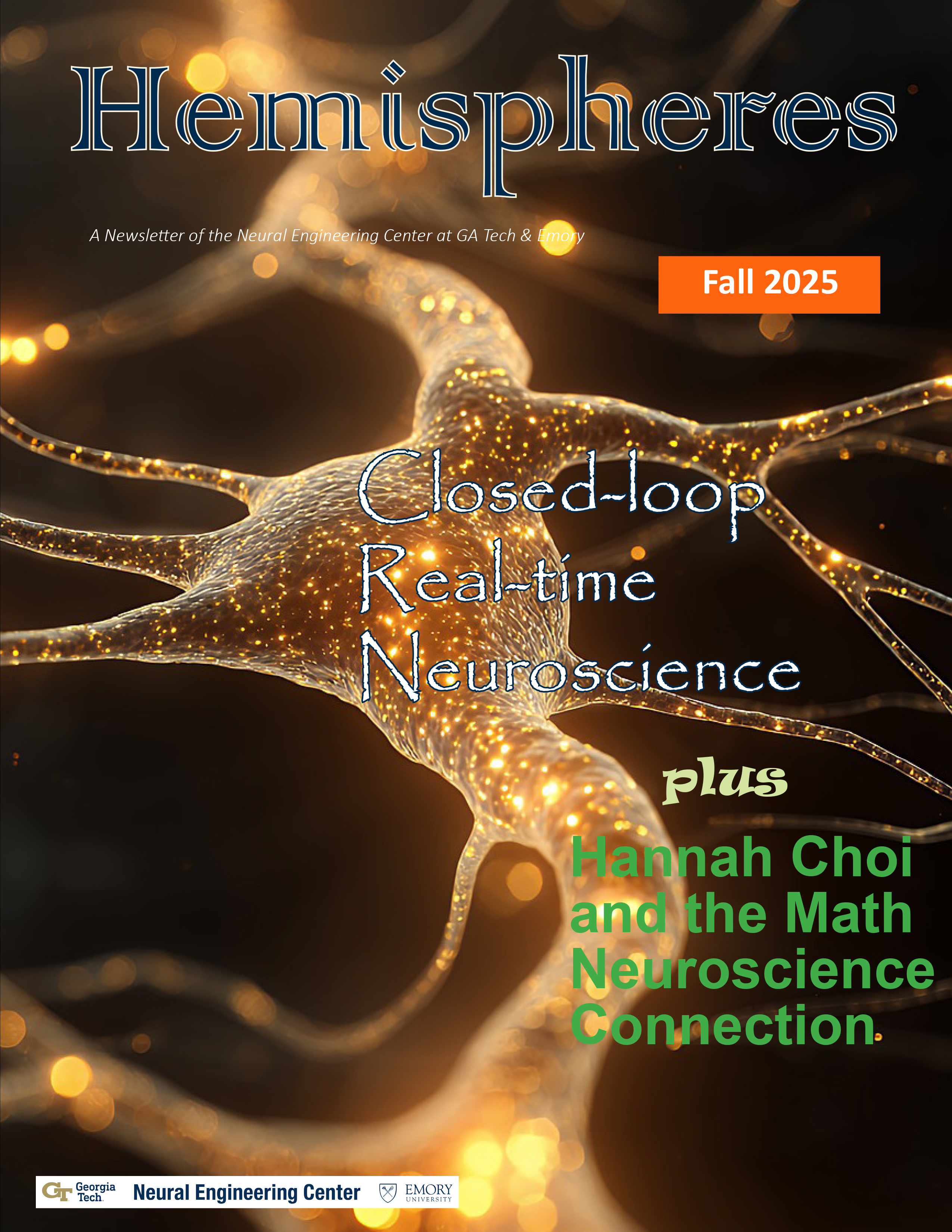 Fall 2025 Hemispheres newsletter cover showing a glowing neuron with text about closed-loop real-time neuroscience and math-neuroscience connection